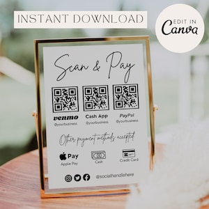 Scan to Pay QR Code Sign | Editable Payment Method Template | CashApp, Paypal, Venmo Printable Digital Download