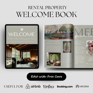 Rental Property Welcome Book template shown on a tablet and in print format, featuring a cozy cabin interior with text 'Welcome to Your Home Away from Home.' Ideal for Airbnb, Vrbo, and similar platforms.
