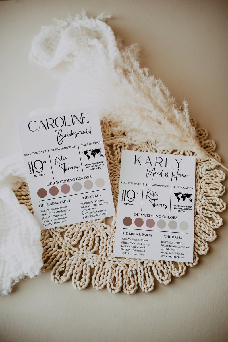 May include: Two save the date cards for a wedding. The top card says "Caroline Bridesmaid" and the bottom card says "Karly Maid of Honor". Both cards have the same wedding date, July 19th, 2023, and the same wedding location, Hilton Garden Inn, 1249 Pleasant Ln, Destin, FL. Both cards have a color palette with five different shades of brown.