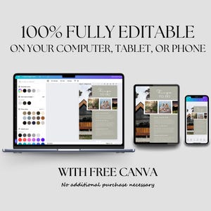 Display of the Rental Property Welcome Book template on a laptop, tablet, and phone, emphasizing its 100% fully editable feature on any device using free Canva.
