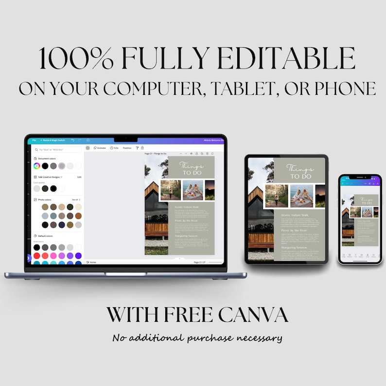 Display of the Rental Property Welcome Book template on a laptop, tablet, and phone, emphasizing its 100% fully editable feature on any device using free Canva.