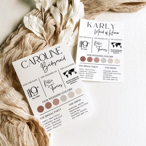 Peut inclure: Deux cartes blanches avec du texte noir annon&ccedil;ant un mariage. La carte du haut indique "Karly Maid of Honor" et la carte du bas indique "Caroline Bridesmaid". Les deux cartes indiquent la date du mariage, les noms des mari&eacute;s, le lieu du mariage et une palette de couleurs.