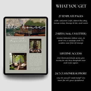Overview of what you get with the Rental Property Welcome Book template, including 27 pages in two sizes (A4 and US Letter), lifetime access, and 24/7 customer support for customization.