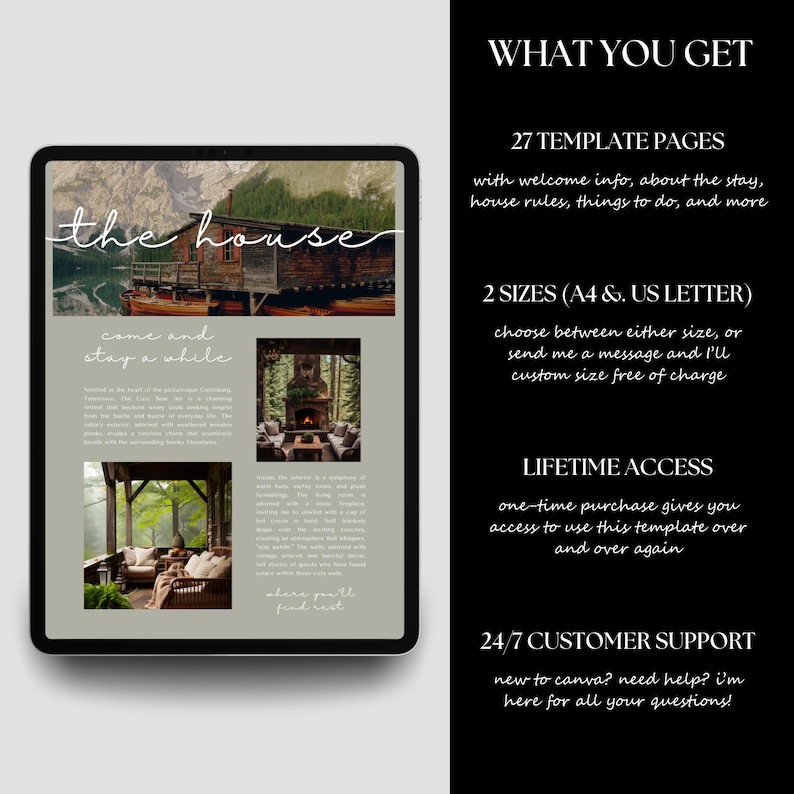Overview of what you get with the Rental Property Welcome Book template, including 27 pages in two sizes (A4 and US Letter), lifetime access, and 24/7 customer support for customization.