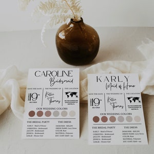 Peut inclure: Deux cartes d'invitation de mariage avec un fond blanc et du texte noir. Les cartes sont pour une demoiselle d'honneur et une t&eacute;moin. Les cartes comprennent la date, les noms des mari&eacute;s, le lieu et les couleurs du mariage. Les cartes comprennent &eacute;galement une liste des membres de la f&ecirc;te nuptiale et des informations sur la robe.