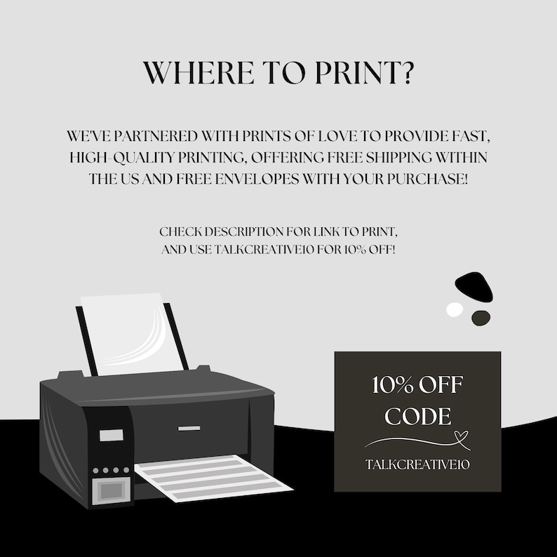 Information on where to print the Rental Property Welcome Book, promoting a printing service with a discount code and highlighting free shipping and envelope inclusion for US customers.