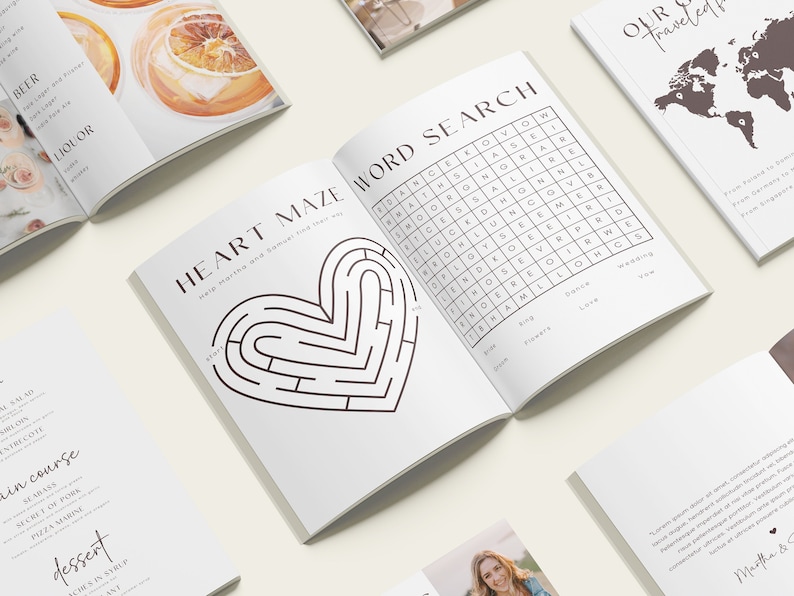 May include: A white booklet with a heart maze and word search on the pages. The booklet is open to the word search page, which has a grid of letters with words related to love and marriage. The text on the cover reads "Heart Maze" and "Word Search".
