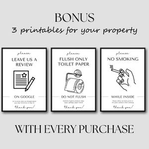 Bonus printable signs included with the Rental Property Welcome Book, featuring 'Leave Us a Review,' 'Flush Only Toilet Paper,' and 'No Smoking' notices with simple icons and text.
