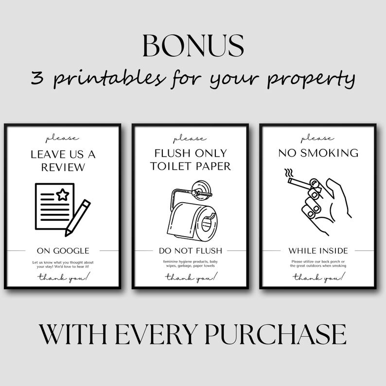 Bonus printable signs included with the Rental Property Welcome Book, featuring 'Leave Us a Review,' 'Flush Only Toilet Paper,' and 'No Smoking' notices with simple icons and text.