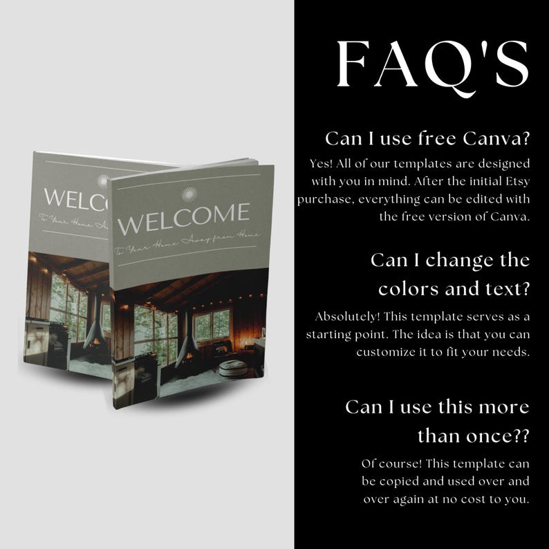 Frequently Asked Questions about the Rental Property Welcome Book template, addressing concerns about using Canva, customization, and reusability, alongside an image of the printed welcome book.