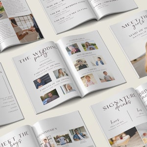 May include: A wedding program booklet with a white background and black text. The booklet includes a schedule of events, a list of the wedding party, and a signature drinks menu. The booklet is decorated with floral illustrations and photos of the wedding party.