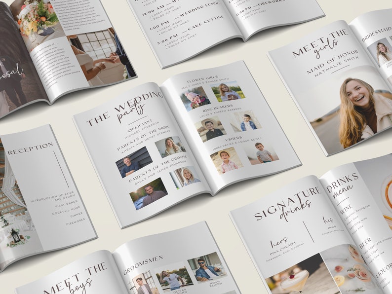 May include: A wedding program booklet with a white background and black text. The booklet includes a schedule of events, a list of the wedding party, and a signature drinks menu. The booklet is decorated with floral illustrations and photos of the wedding party.