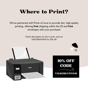 Peut inclure: Une illustration en noir et blanc d'une imprimante avec une feuille de papier qui en sort. Le texte "Where to Print?" est en haut de l'image. Le texte "10% OFF CODE TALKCREATIVE10" est dans un cadre noir avec du texte blanc.