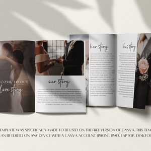 May include: A wedding photo album template with a white background and text that says "Welcome to our love story", "our story", "her story", and "his story". The template includes photos of a couple getting married.