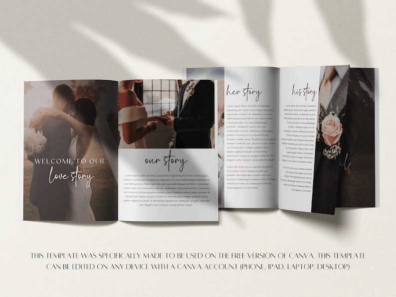 May include: A wedding photo album template with a white background and text that says "Welcome to our love story", "our story", "her story", and "his story". The template includes photos of a couple getting married.