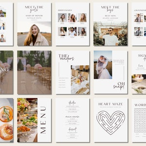 May include: A set of printable wedding signs with a minimalist design. The signs include information about the wedding party, seating chart, drinks menu, and wedding games. The signs are in a light brown color with black text.