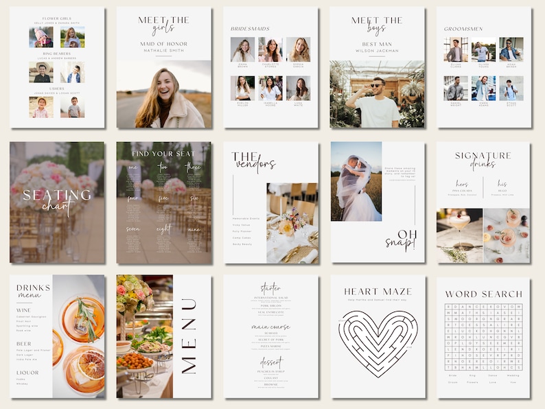 May include: A set of printable wedding signs with a minimalist design. The signs include information about the wedding party, seating chart, drinks menu, and wedding games. The signs are in a light brown color with black text.