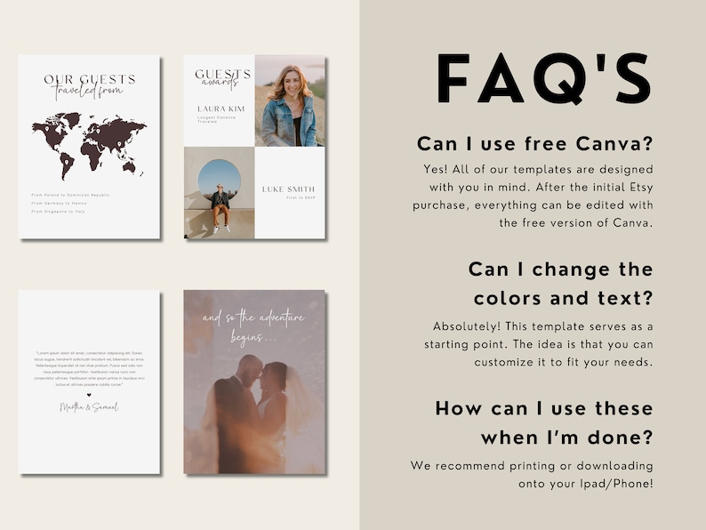 May include: A set of four printable wedding templates with a travel theme. The templates include a map of the world with pins, a photo collage of the bride and groom, a quote about adventure, and a list of guests and their locations.