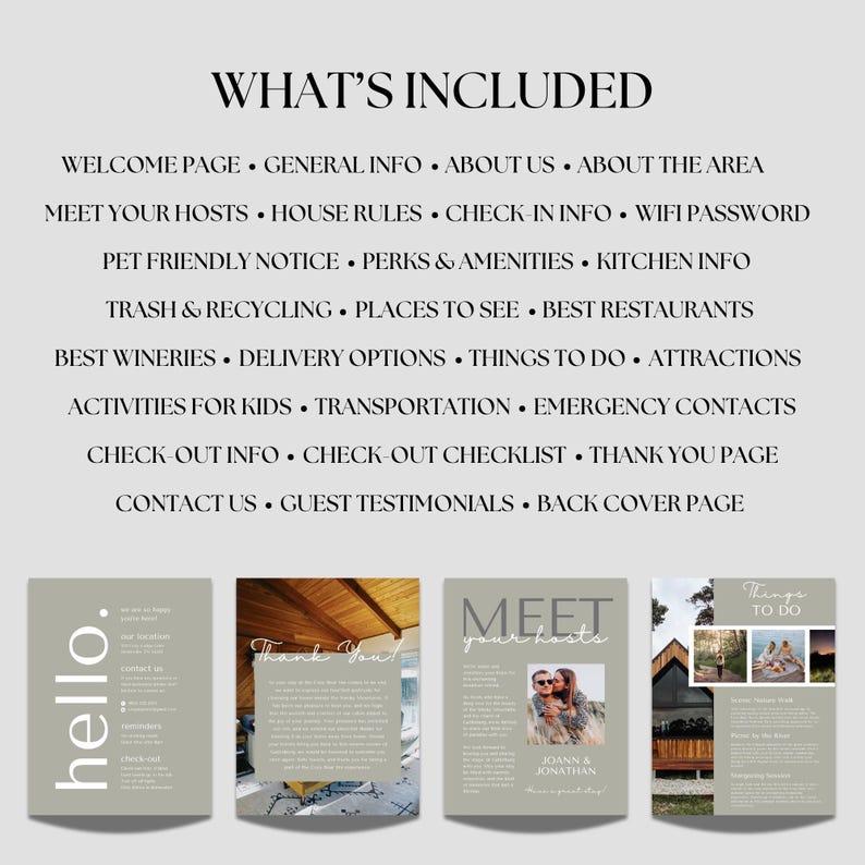 List of contents included in the Rental Property Welcome Book template, highlighting various sections like general info, house rules, check-in details, WiFi password, activities, and emergency contacts.