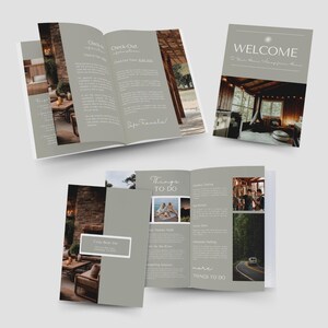 Several open pages of the Rental Property Welcome Book template, displaying check-out information, things to do, and other guest services with a cozy, rustic theme.