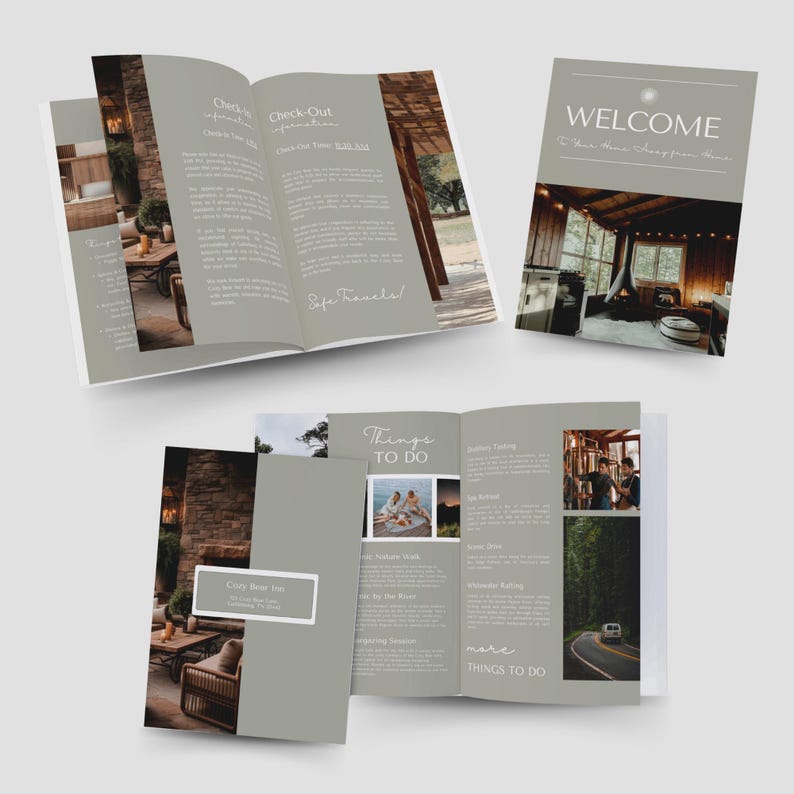 Several open pages of the Rental Property Welcome Book template, displaying check-out information, things to do, and other guest services with a cozy, rustic theme.