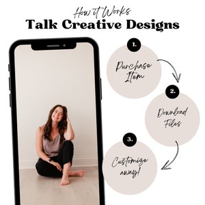 Peut inclure: Une femme est assise sur un sol en bois devant un mur blanc. L'&eacute;cran d'un smartphone affiche un graphique en trois &eacute;tapes&nbsp;: Acheter l'article, T&eacute;l&eacute;charger les fichiers et Personnaliser &agrave; volont&eacute;&nbsp;! Le graphique est un guide pour l'utilisation de produits de conception num&eacute;rique.