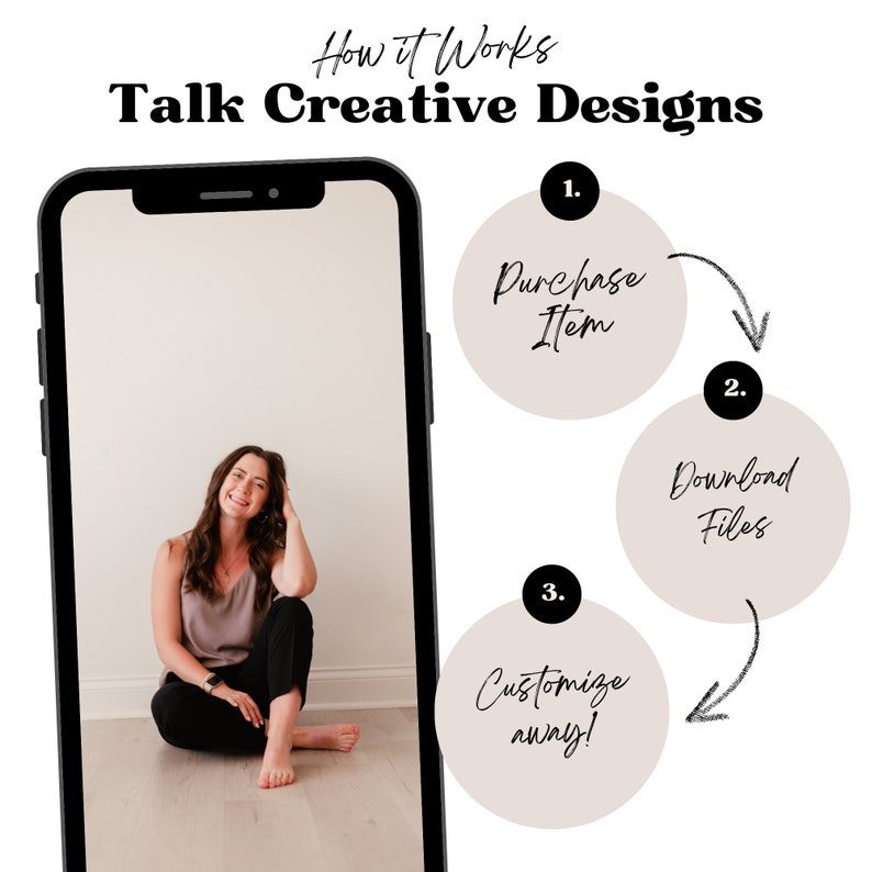 Peut inclure: Une femme est assise sur un sol en bois devant un mur blanc. L'&eacute;cran d'un smartphone affiche un graphique en trois &eacute;tapes&nbsp;: Acheter l'article, T&eacute;l&eacute;charger les fichiers et Personnaliser &agrave; volont&eacute;&nbsp;! Le graphique est un guide pour l'utilisation de produits de conception num&eacute;rique.