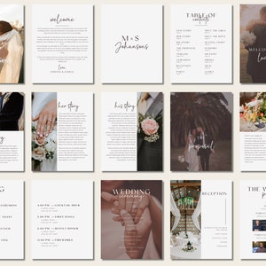 May include: A wedding program booklet with a rustic theme. The booklet includes photos of the couple, a wedding timeline, and a table of contents. The text includes the couple's names, "M&S Johansons", and the title "Welcome to our Love Story".