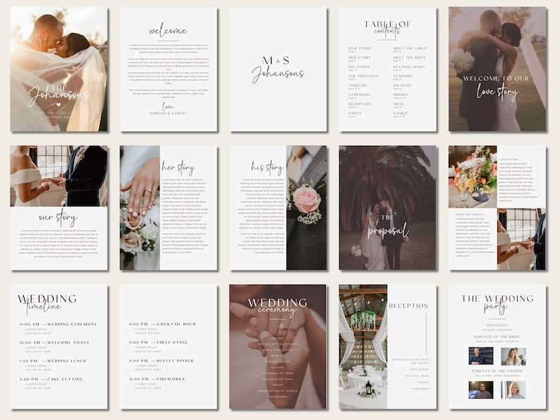 May include: A wedding program booklet with a rustic theme. The booklet includes photos of the couple, a wedding timeline, and a table of contents. The text includes the couple's names, "M&S Johansons", and the title "Welcome to our Love Story".