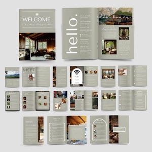 Complete preview of the Rental Property Welcome Book, showcasing multiple pages including welcome, house rules, things to do, and other essential guest information. Modern, neutral design.
