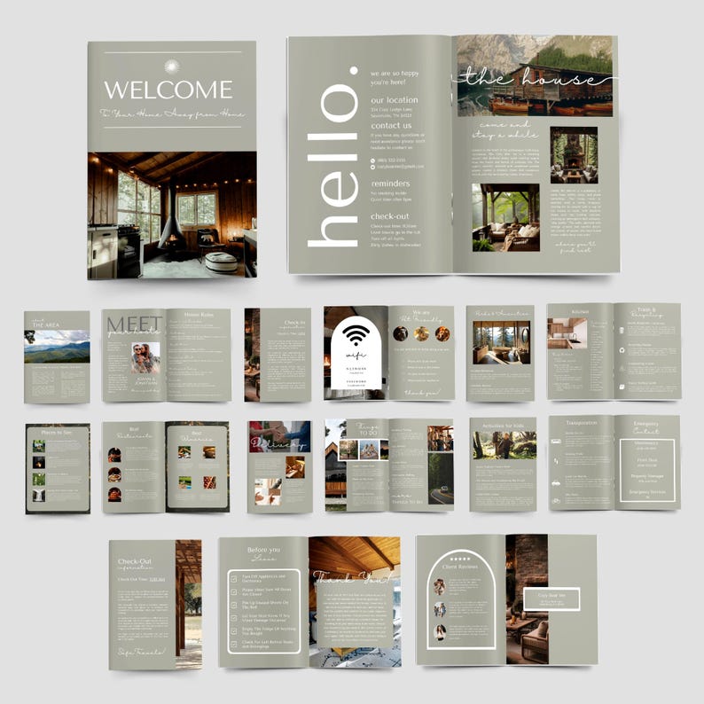 Complete preview of the Rental Property Welcome Book, showcasing multiple pages including welcome, house rules, things to do, and other essential guest information. Modern, neutral design.