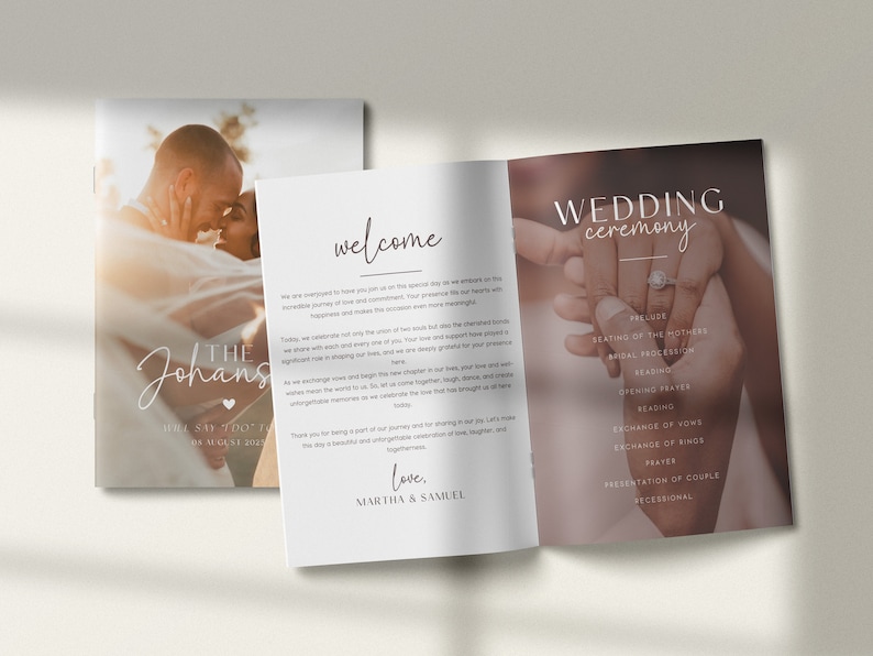 May include: A wedding ceremony program booklet with a photo of the couple on the front cover. The text on the cover reads "The Johans" and "Will Say I Do Today, 30 August 2025". The inside pages list the order of the ceremony, including the prelude, seating of the mothers, bridal procession, readings, opening prayer, exchange of vows, exchange of rings, prayer, presentation of couple, and recessional.
