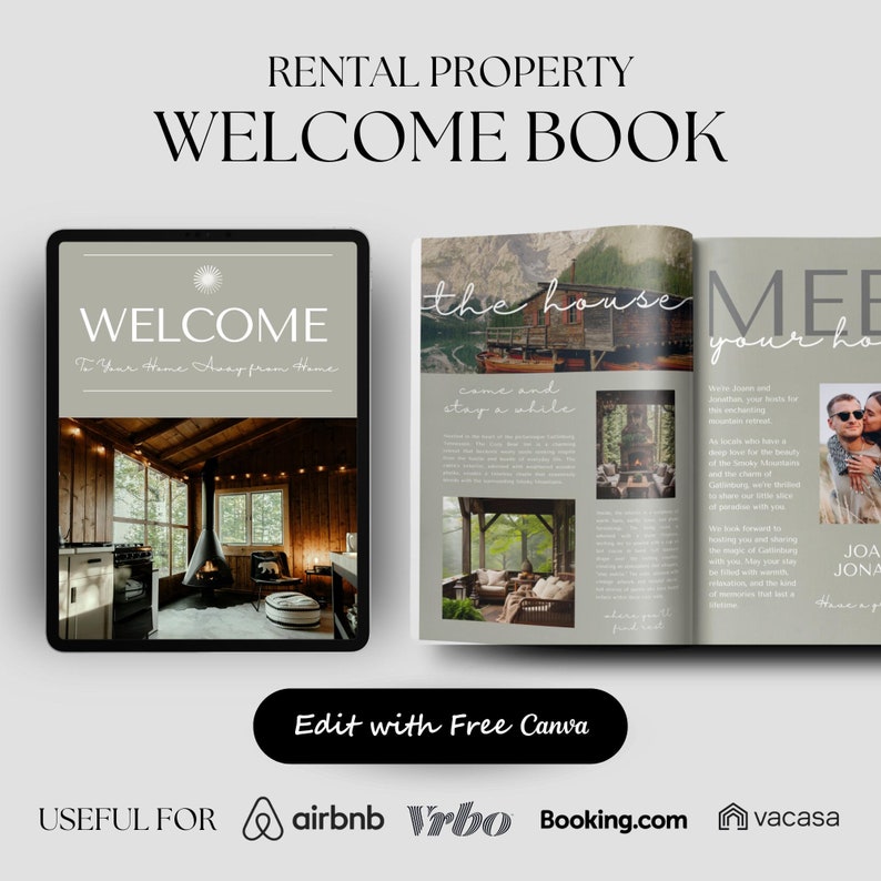 Rental Property Welcome Book template shown on a tablet and in print format, featuring a cozy cabin interior with text 'Welcome to Your Home Away from Home.' Ideal for Airbnb, Vrbo, and similar platforms.