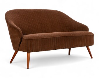 Mid-century modern two-seater couch cocktail sofa teak cord upholstery 1960s Germany