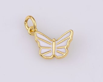 14K Gold Filled Butterfly Charm White Enamel 6x9mm Bracelet Charm Necklace Pendant Minimalist Charms CZ Pave