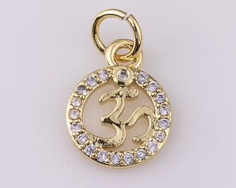 14K Gold Filled Om Charm Yoga Ayurvedic Hindu Ohm Mantra 9mm Charm Bracelet Necklace Pendant Minimalist Charms CZ Pave