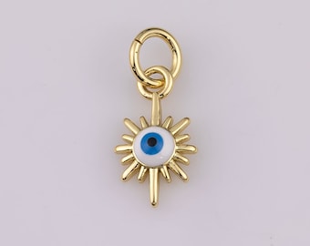 14K Gold Filled Evil Eye Charm Starburst Evil Eye 7mm Charm Bracelet Necklace Pendant Minimalist Charms CZ Pave