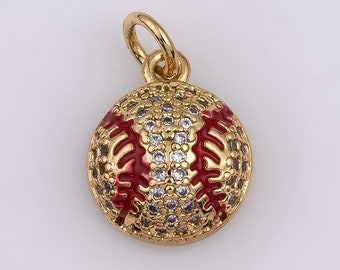 14k Gold Filled Baseball Charm, Ball Charm, Baseball Player Gift Sports Fan Dainty Small Micro Pave Charm for Necklace Bracelet CH-1756 12mm