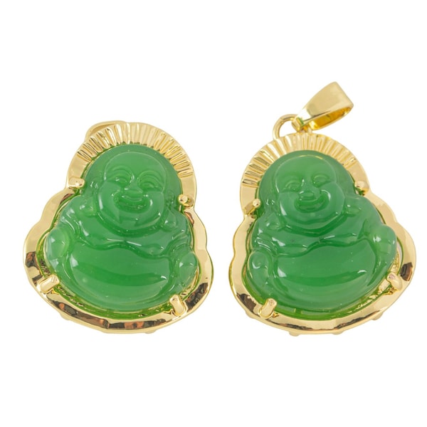 14K Gold Filled Green Jade Buddha Pendant Micro Pave Bezel Natural Stone Laughing Buddha Jade Gold Filled Pendant 20x26mm