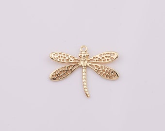 14K Gold Filled Dragonfly Charm Damselfly 16x22mm Necklace Pendant Minimalist Charms CZ Pave