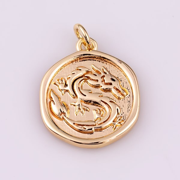 14K Gold Filled Mini Gold Dragon Zodiac Chinese Animal Round Coin Charm | AG282 14mm