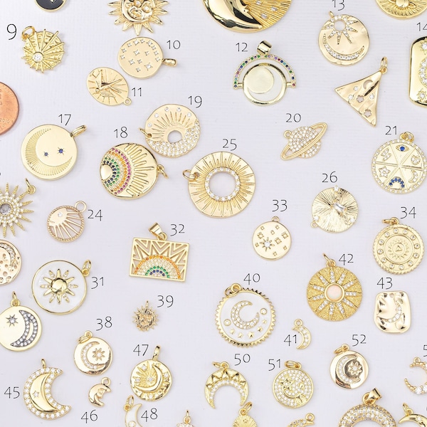 14k Gold Filled Charms Selection Sun Moon Sunburst Celestial Charms Pave CZ Cubic Zirconia 1420 14/20 Gold Filled