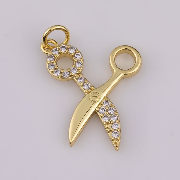 14K Gold Filled Scissors Charm 15x19mm Barber Seamstress Haircut Beauty Charm Bracelet Necklace Pendant Minimalist Charms CZ Pave