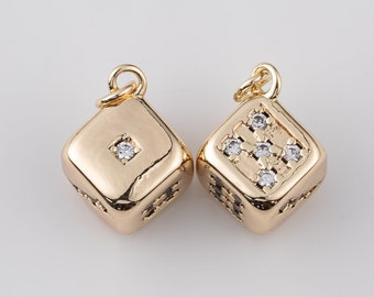 Mini 14K Gold Filled Micro Paved CZ Lucky Dice Mini Add-On Charm in Gold & Silver | AC1036 AC1037 9mm
