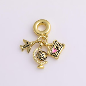Airplane Globe Passport World Travel Vacation Charm 18k Gold Filled Large Hole Charms Bracelet Necklace Pendant Minimalist Charms