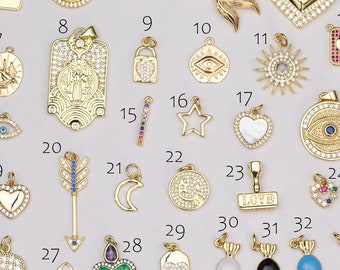 14k Gold Filled Charms Selection Evil Eye Heart Star Moon Candy Skull Lock Saint Mix Charms Pave CZ Cubic Zirconia 1420 14/20 Gold Filled