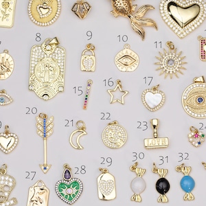 14k Gold Filled Charms Selection Evil Eye Heart Star Moon Candy Skull Lock Saint Mix Charms Pave CZ Cubic Zirconia 1420 14/20 Gold Filled image 1