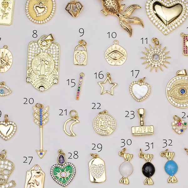 14k Gold Filled Charms Selection Evil Eye Heart Star Moon Candy Skull Lock Saint Mix Charms Pave CZ Cubic Zirconia 1420 14/20 Gold Filled