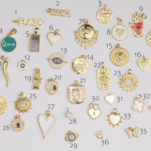 Charms in oro 14k, selezione di charm con pavé di zirconi cubici CZ Prodotto negli Stati Uniti Mama Fuck Evil Eye Heart Butterfly Moon Chili Hand 1420 14/20 GF immagine 1