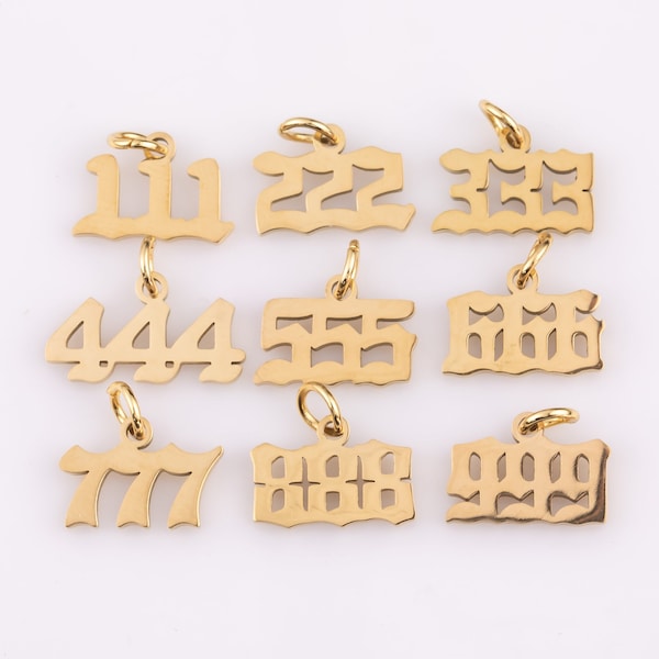 Tiny Angel Number Tag Charm Gold Dainty Lucky Number Pendant 111, 222, 333, 444, 555, 666, 777, 888, 999 for Jewelry Making Supply AG606